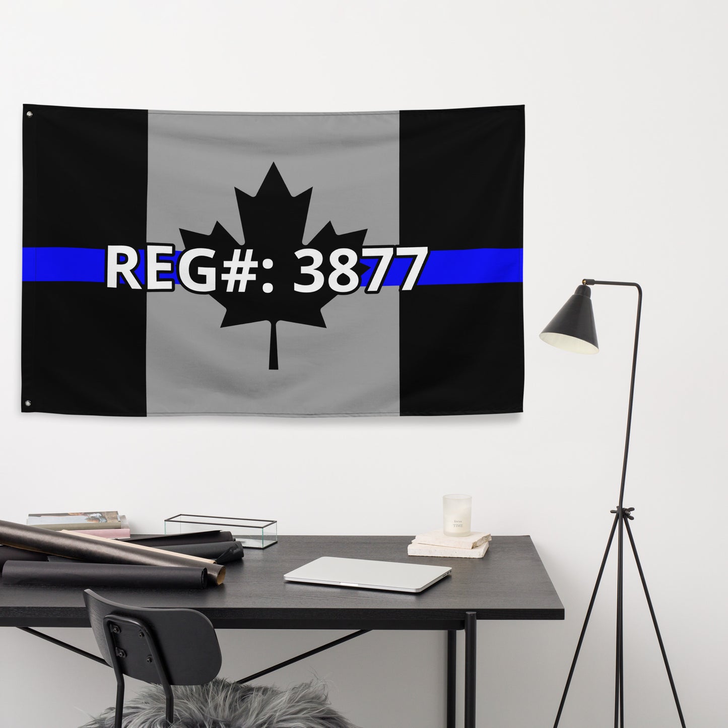 Custom Text, Name, Reg, Badge Thin Blue Line Wall Flag-911 Duty Gear Canada-911 Duty Gear Canada