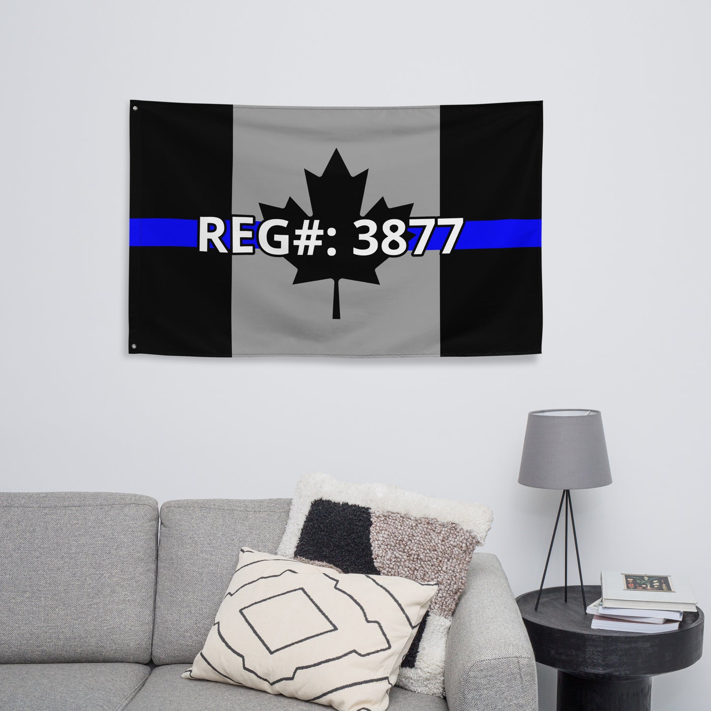 Custom Text, Name, Reg, Badge Thin Blue Line Wall Flag-911 Duty Gear Canada-911 Duty Gear Canada