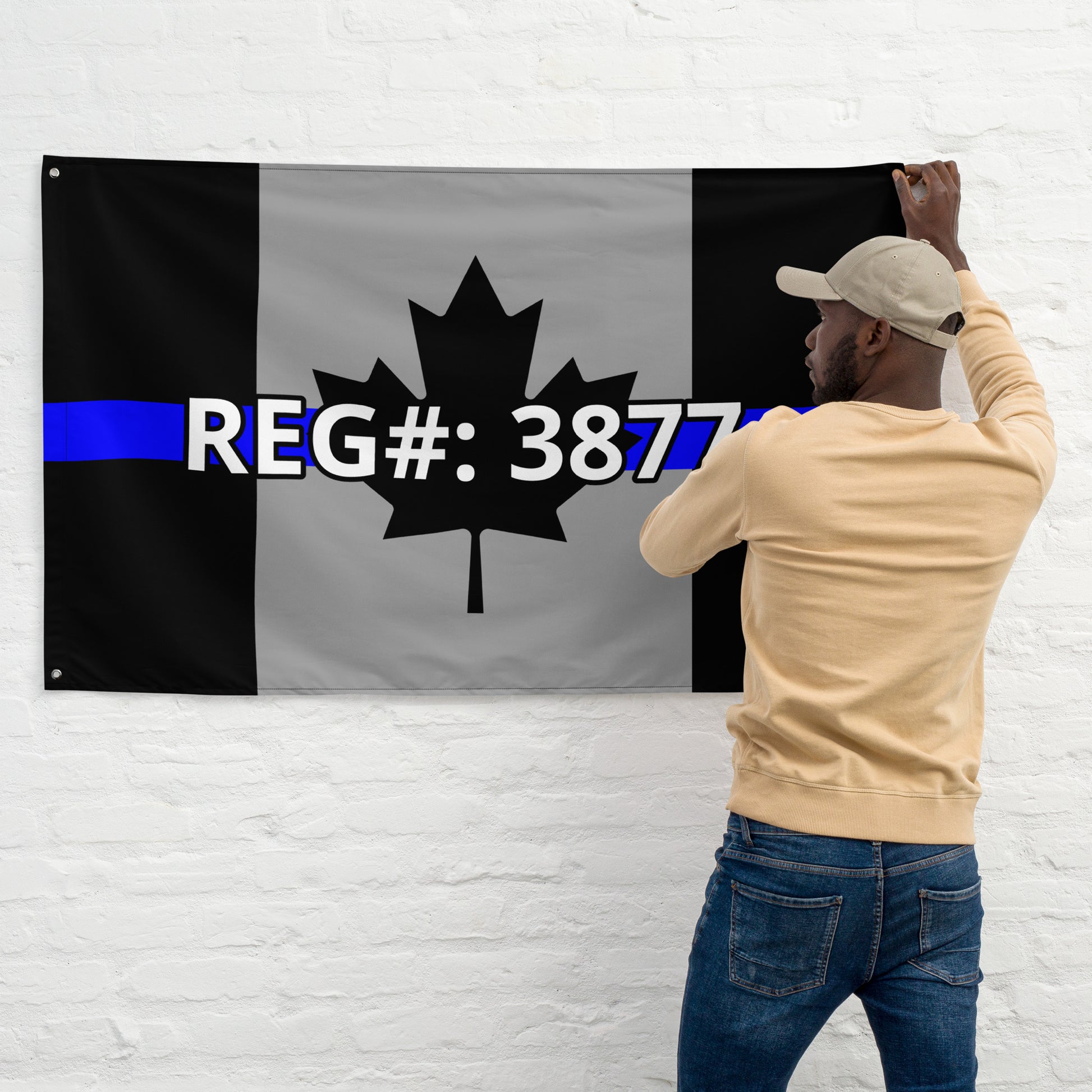 Custom Text, Name, Reg, Badge Thin Blue Line Wall Flag-911 Duty Gear Canada-911 Duty Gear Canada