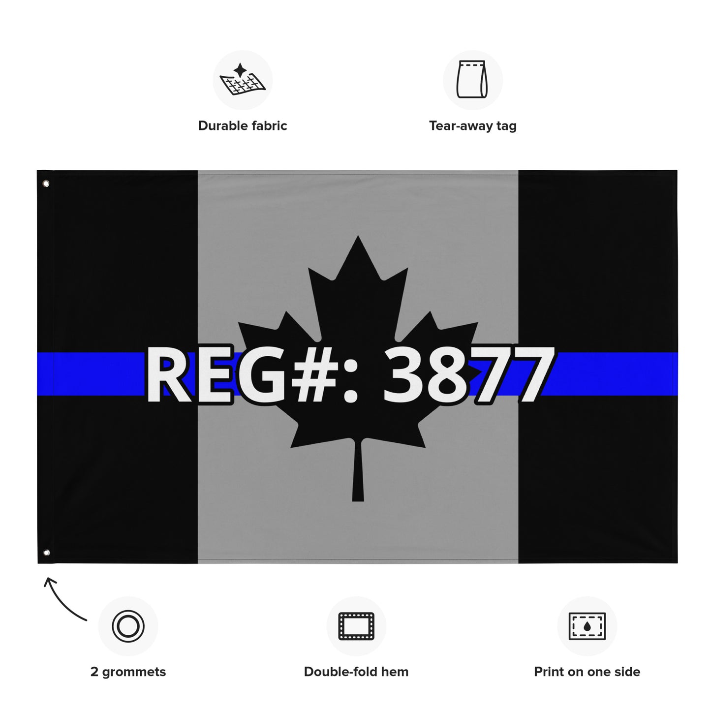 Custom Text, Name, Reg, Badge Thin Blue Line Wall Flag-911 Duty Gear Canada-911 Duty Gear Canada